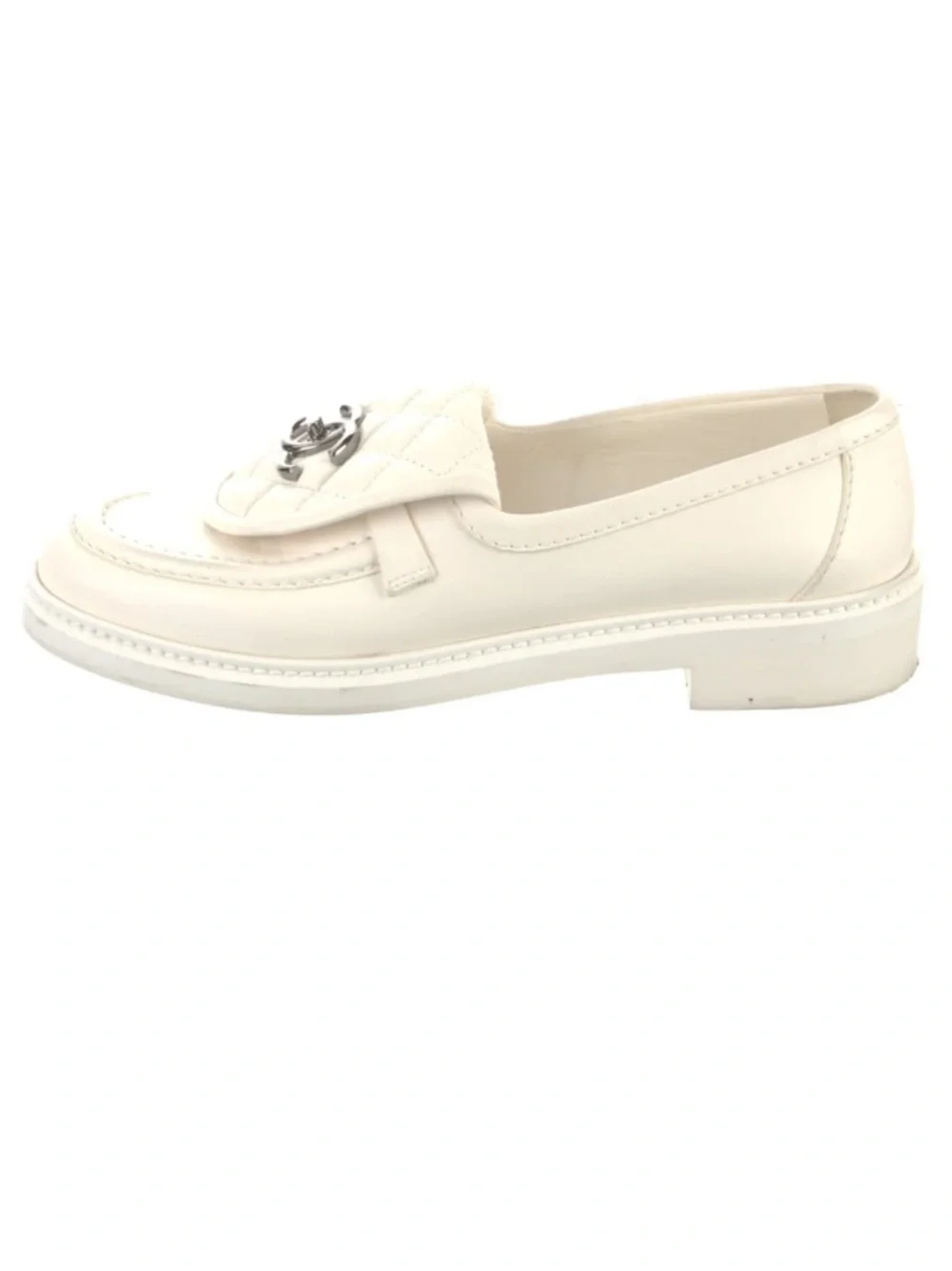 CHANEL Turnlock CC Logo Leather Loafers White 37